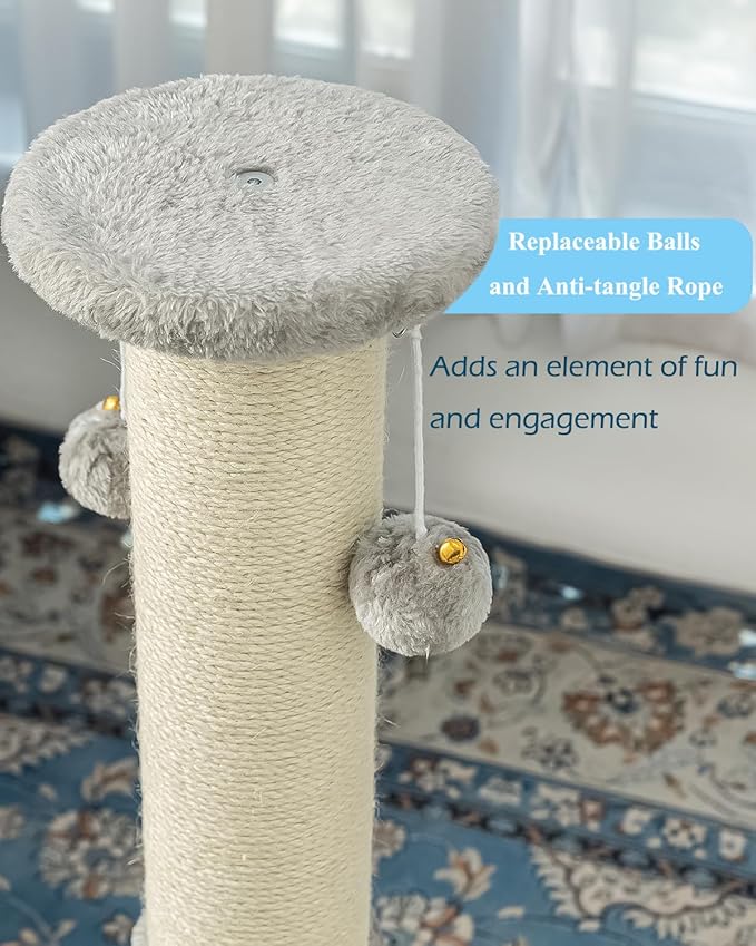 Kilodor 34Inch Tall Cat Scratching Post,4.3Inch Diameter Large Sisal Cat Scratch Post with Ball, Sturdy and Durable Cat Scratcher for Indoor Cats Adults Grey-PawvioPets