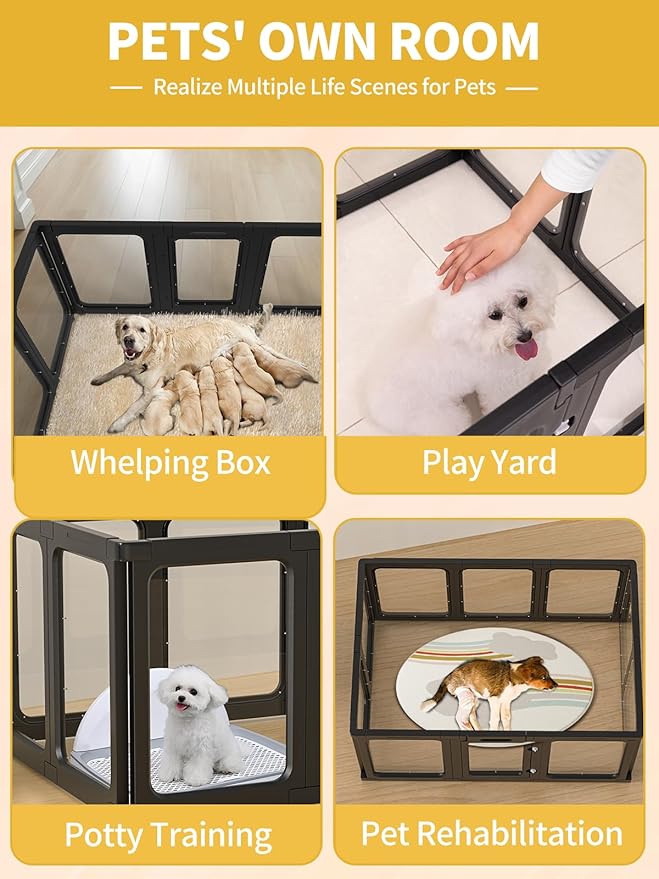 Dog Playpen, Clear Acrylic Plastic Puppy Playpen Indoor, Pet Pen for Puppy Cat Bunny, Transparent Easy Assemble Foldable Whelping Box for Dogs, Puppy Playpen with Gate (23.6" Height, 10PCS)-PawvioPets
