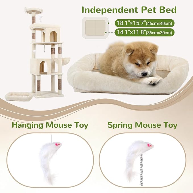 Globlazer Heavy Duty Cat Trees for Large Cats, Sturdy 72in Maine Coon Cat Tree for Large Cat 20 lbs+ Heavy Duty Cat Tower for Adult Biggest Cats with 6 Scratching Posts, Hammock, S72, Beige-PawvioPets