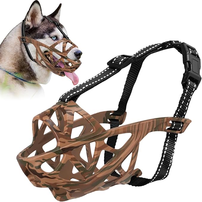 Dog Muzzle for Large Dogs, Breathable Basket Muzzles for Small, Medium and X-Large Aggressive Dog, Allows Panting Drinking, Suitable for Grooming Trimming Training (Camouflage Brown, M)-PawvioPets