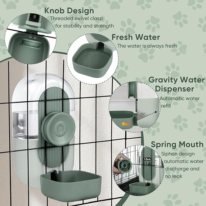 28oz Hanging Automatic Water Dispenser，Rabbit Water Bottle,Bunny Guinea Pig Ferret Water Bowl for Cage,Suitable for Small Animal Puppies(Cage Grid Spacing Over 1.2'') (Green)-PawvioPets