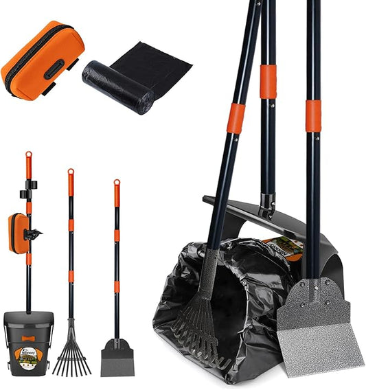 Dog Pooper Scooper with Bags & Dispenser - 37.4" Long Durable Metal Handle Swivel Bin & Rake & Spade Kit, Large Capacity Portable Pooper Scooper for Yards，Easy to Assemble-PawvioPets