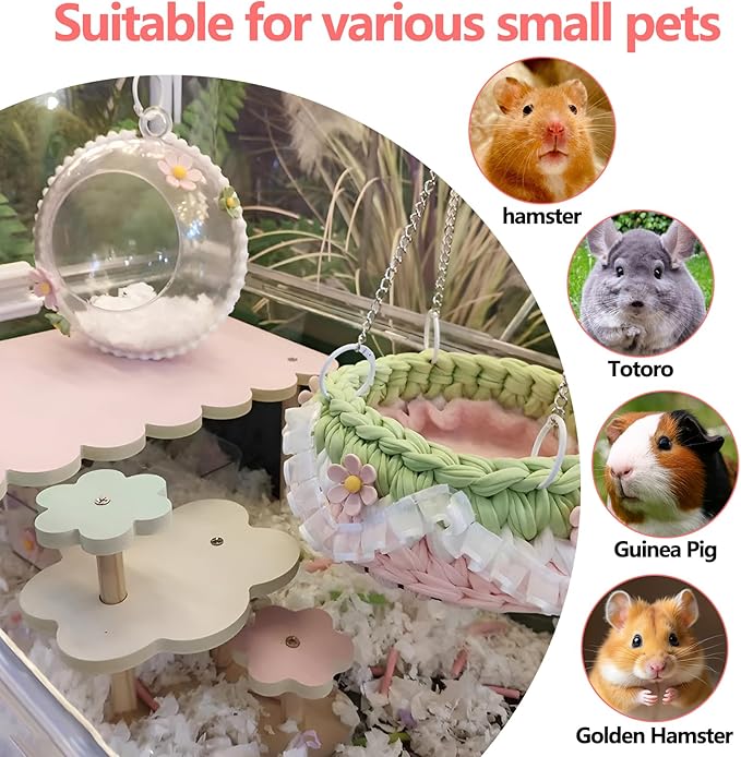 4-Pack Wooden Rat Cage Accessories - Platforms, Ladders & Hammocks Set for Chinchillas, Hamsters, Gerbils (for Iron/Wooden, Acrylic Hamster Cages + Customizable Layout) (11x6.7x5.5)-PawvioPets