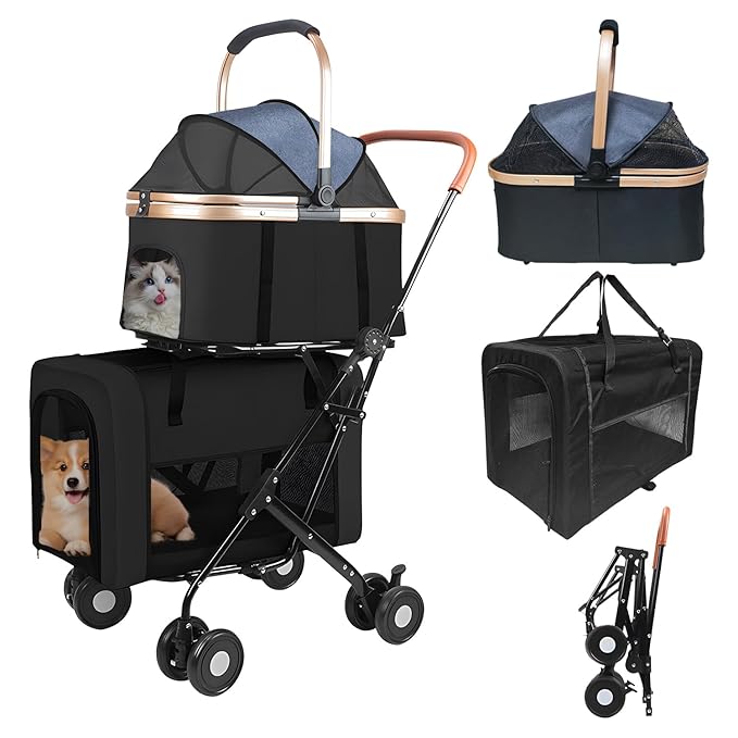 Double Pet Stroller for 2 Dogs or Cats, Folding Dog Stroller with 2 Detachable Carrier Bags, Safety Belt, 4 Lockable Wheels, Separate Compartments, for Multi-Pet Homes (Black)-PawvioPets