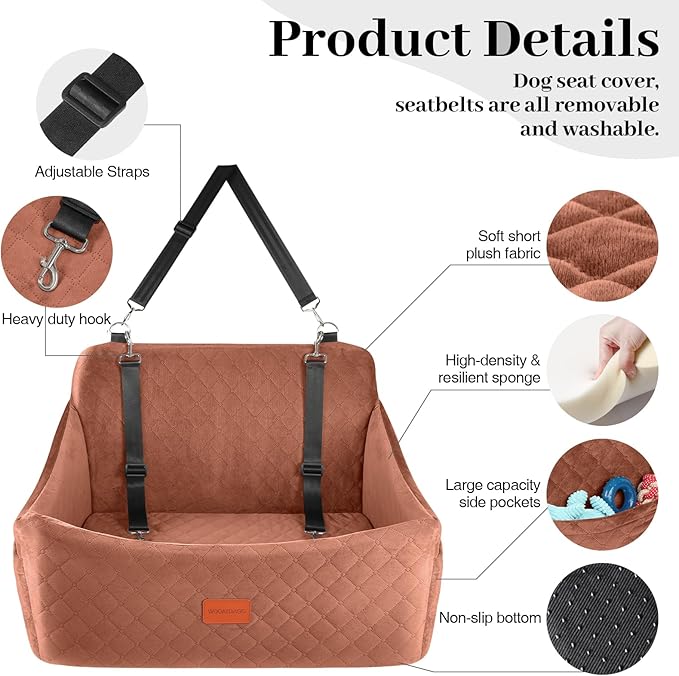 Dog Car Seat for Medium & Large Dogs Up to 55lbs, Memory Foam Cushion, Washable Cover, Safety Straps & Non-Slip Base (Brown, Large)-PawvioPets