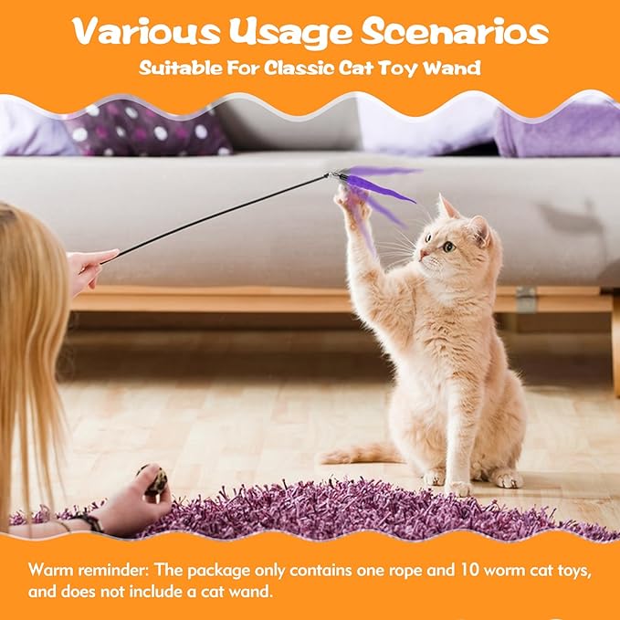 10PCS Cat Worm Toy, Cat Wand Attachment Fuzzy Worm Toys Refill with 1PCS Black String for Wand Replacement, Interactive Cats Kittens Toys for Indoor-PawvioPets