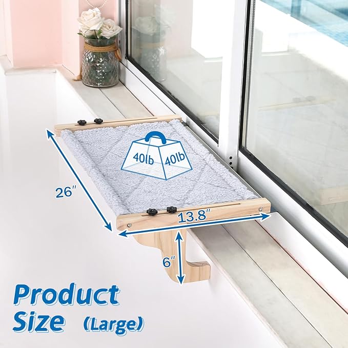 Easy Seat Cat Perch for Window Sill - Hammock Design w/Pine Wood & Robust Metal Frame - Cat Window Seat for Large Cats and Kittens (Natural Color Wood w/Gray Bed, Large (26''W x 14''D))-PawvioPets