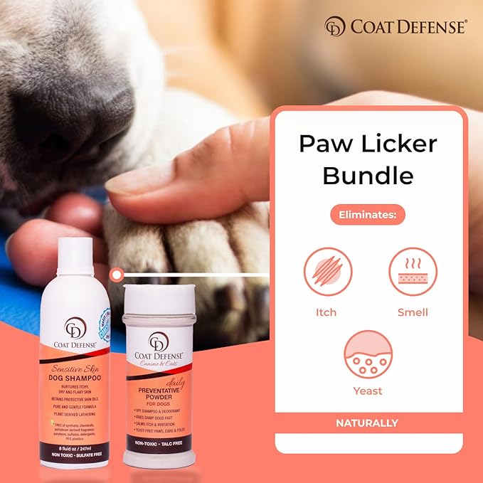 COAT DEFENSE Paw Licker Bundle | Dry Powder for Dogs & Sensitive Skin Dog Shampoo for Allergies and Itching | Smell & Itch Relief | Itchy Skin Relief & Yeast Dog Treatment-PawvioPets
