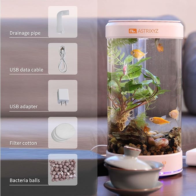 Aquarium Kit-1.5 Gallon Self-Cleaning Betta Fish Tank with 3-in-1 Filtration System, Oxygenation,Water Circulation, Multi-Color LED Lights - Quiet Desktop Aquarium for Home,Office & Gifts(White)-PawvioPets