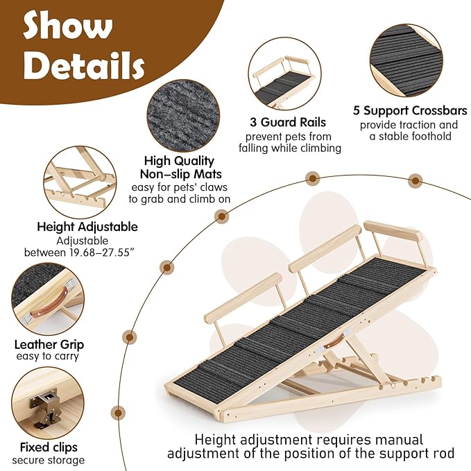 Dog Ramp for Couch, Bed or Car, Wooden 55" Long Pet Stairs for Small & Large Old Dogs & Cats, Hold up to 250lb, 6 Adjustable Height from 19.68" to 27.55" Portable Doggie Steps, Excellent Traction-PawvioPets