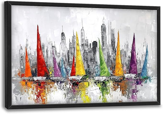 Framed Large Sailboat Wall Art for Living Room, Oversized Abstract City Wall Decor Colorful Sailboat Canvas Painting Pictures Modern Artwork for Living Room Bedroom Office Dinging Room 36"x24"-PawvioPets