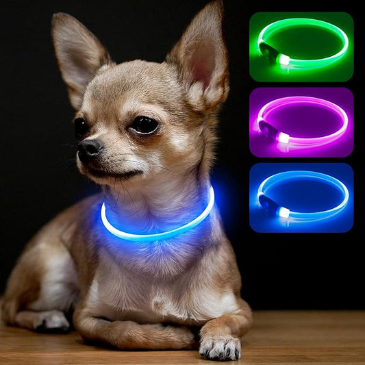BSEEN Light Up Dog Collar, High Visibility LED Dog Collar Rechargeable- Rainproof TPU Cuttable Glowing Pet Collar for Small Dogs & Cats - Puppy Safety Lights for Night Walking (XS- Blue 40cm)-PawvioPets