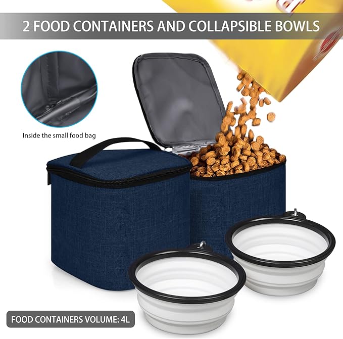 BAGLHER Pet Travel Bag, Double-Layer Pet Supplies Backpack (for All Pet Travel Supplies), Pet Travel Backpack with 2 Silicone Collapsible Bowls and 2 Food Baskets Dark Blue-PawvioPets