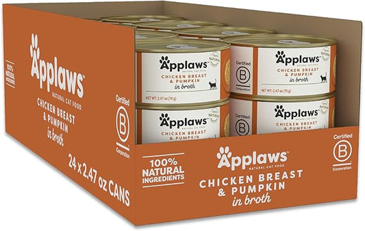 Applaws Natural Wet Cat Food, 24 Count, Limited Ingredient Canned Wet Cat Food, Chicken with Pumpkin in Broth, 2.47oz Cans-PawvioPets