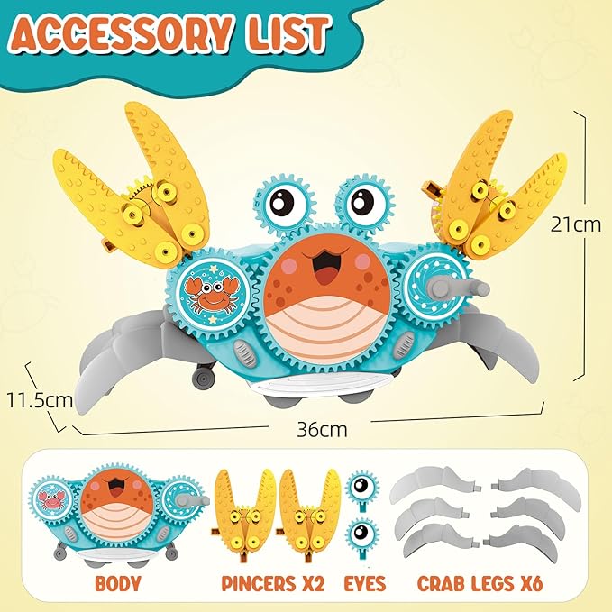 Alritz Crawling Crab Baby Toy, Developmental Tummy Time Toys for Crawling, Walking Crab Toy DIY Gear-building, with Sensory Light-Up, Dancing Crab Toys for Infant Boys Girls 3-6 6-12 36 Months Age 3 +-PawvioPets