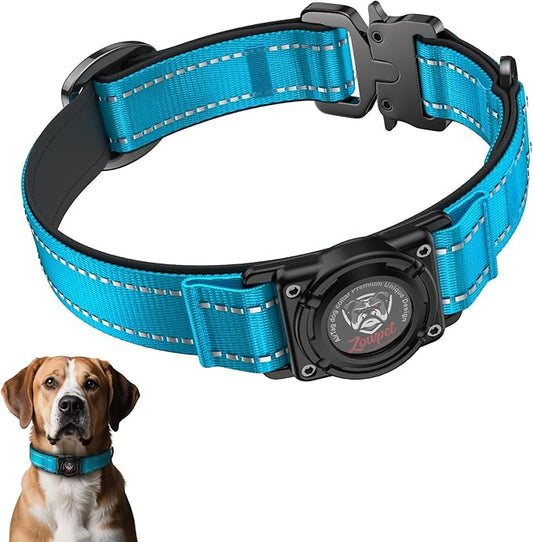 2025 Upgrade Airtag Dog Collar, Reflective Dog Collar with Airtag Holder, IP68 Waterproof| Metal Buckle| Ultra-Durable| Comfortable Padded, GPS Dog Collars for Medium Large Dogs (Blue,L)-PawvioPets