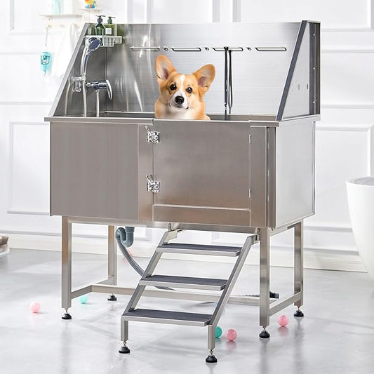 Albott 50 Inch Stainless Steel Dog Washing Station with Non-Slip Steps, Sprayer, Faucet, Soap Box – Professional Pet Bathtub for Small and Medium Pets, Use at Home, Garage, or Grooming (Right Door)-PawvioPets