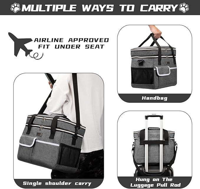 BAGLHER Dog Travel Bag for Supplies - Double-Layer Airline Approved Weekend Pet Travel Organizer Set for Dog and Cat Tote with 2 Pet Food Containers and 2 Collapsible Silicone Bowls Grey-PawvioPets