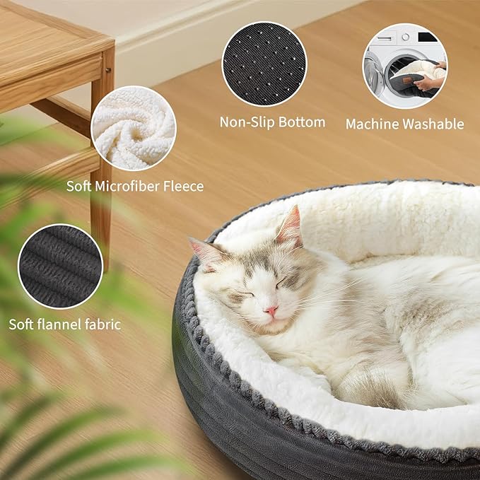 20in Washable Cat Beds for Indoor Cats - Round Donut Pet Bed for Cats, Small Dogs, Puppy, Kitten - Anti-Slip Bottom, Calming Bed Gift - Dark Grey-PawvioPets