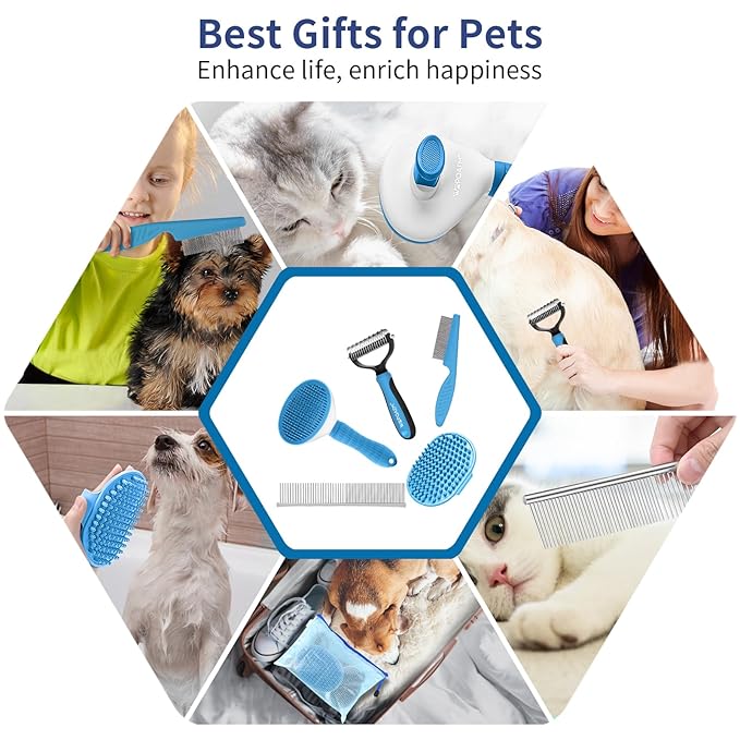 5 in 1 Dog Grooming Kit - Self-Cleaning Slicker Brush for Shedding Short Long Haired Dogs & Cats, Includes Pet Comb, Flea Comb, Bath Brush, Undercoat Rake - Complete Fur Care Set - Blue-PawvioPets