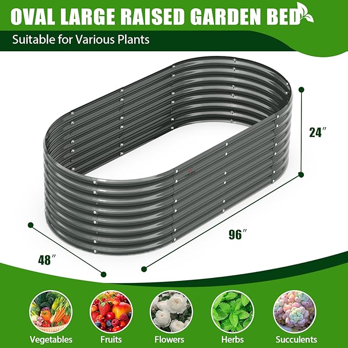 A ANLEOLIFE 8X4X2 ft Galvanized Raised Garden Beds Outdoor, Oval Large Metal Deep Root Planter Box for Planting Vegetables Flowers Herb, Anti-Rust & Easy-Setup, Quartz Grey-PawvioPets
