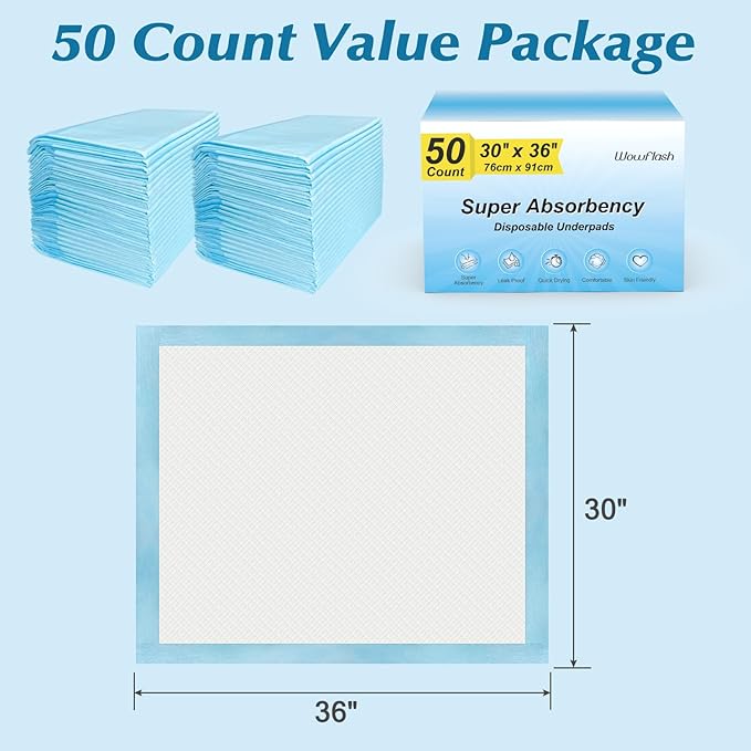 50 Count 30” x 36” Super Absorbency Disposable Underpads, Leakproof Quick Drying, Baby Puppy & Adults Bed Pads Disposable Adults, Dog Pee Pads Extra Large, XXL Incontinence Pads-PawvioPets
