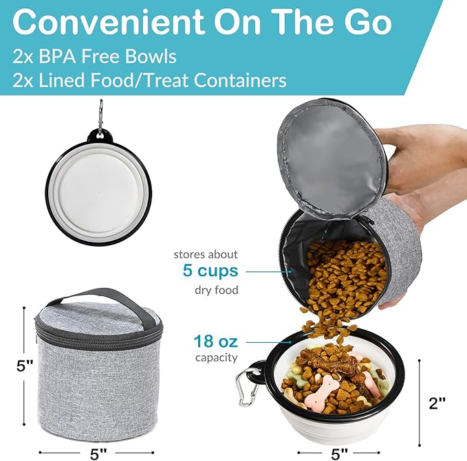 Dog Travel Bag with Treat Pouch, Airline Approved Dog Bags for Traveling, 2 Dog Food Travel Container, 2 Travel Bowls, Weekend Dog Travel Bag for Supplies, Dog Travel Kit Accessories-PawvioPets
