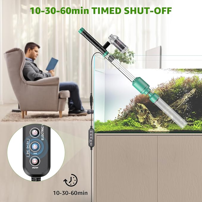 Electric Aquarium Vacuum Gravel Cleaner: 24W Fish Tank Vacuum Gravel Cleaner with Strong Suction for Automatic Water Change Algae Remover Sand Wash Water Shower and Water Circulation, Timed Off-PawvioPets