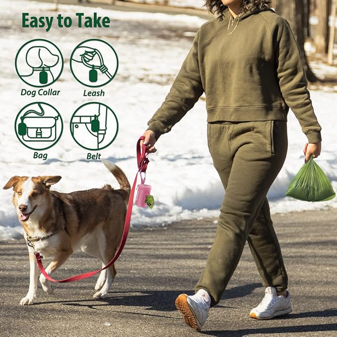 Dog Poop Bag Holder for Leash Doggie Waste Bag Dispenser Soft Fabric Puppy Potty Carrier Small Doggy Zipper Pouch with Carabiner Clip 1680D Nylon Oxford with 1 Roll of Pet Trash Bags, Pink-PawvioPets