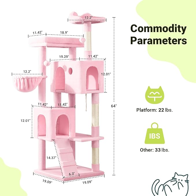 Allewie 64 Inches Cat Tree Tower/Multi-Level Activity Center for Indoor Big Felines/2 Plush Condos/2 Perchs/Basket/House/Sisal Scratching Posts/Hanging Cat Toys/Pink-PawvioPets