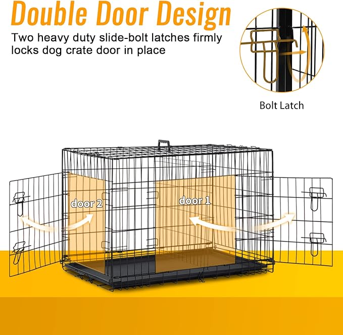 FDW Dog Crate for Medium Dogs 30 Inch Folding Metal WirePet Cage Double Door W/Divider Panel Indoor Outdoor Kennel Leak-Proof Plastic Tray,Black-PawvioPets