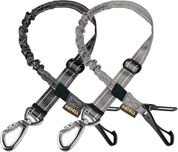AUBELL Dog Seat Belt for Car,2 Pack Set 3-in-1 Adjustable Reflective Bungee Heavy Duty Dog Car Harness Tether with Clip Hook Latch & Buckle,Swivel Zinc Alloy Carabiner,Black+Grey-PawvioPets