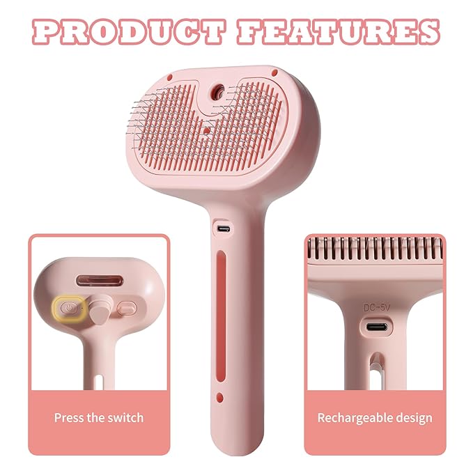 3-in-1 Steam Brush for Cats & Dogs – Hair Removal Comb with One-Click Release & Water Spray – Grooming Brush for Shedding, Long/Short Hair-PawvioPets