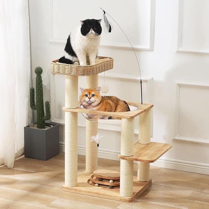 34 Inch Solid Wood Cat Tree Tower with Space Capsule, Hand-Woven Basket Nest, Feather Toy, Hanging Balls, Sisal Posts, 4-Tier Indoor Climbing Cat Tower for Kittens-PawvioPets