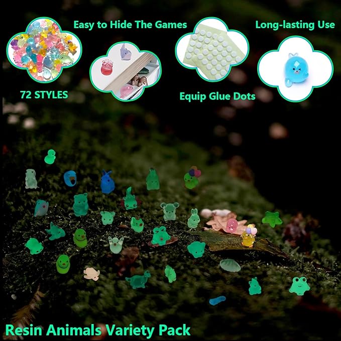 72 Types Luminous Mini Resin Animals, Plastic Tiny Resin Animals to Hide Prank,Mini Animals Figures for Fairy Garden, Dollhouse,Terrariums, Potted,Cake Topper, Miniature Landscape Ornament-PawvioPets