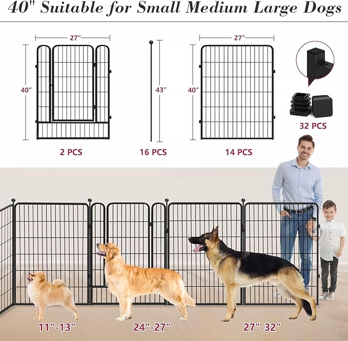 Dog Playpen Outdoor 40 inch 16 Panels Indoor Dog Pen for Large/Medium/Small Dogs Rustproof Metal Dog Fence Outdoor for Yard, Puppy Playpen with Door Portable Pet Fence for RV Camping Yard-PawvioPets