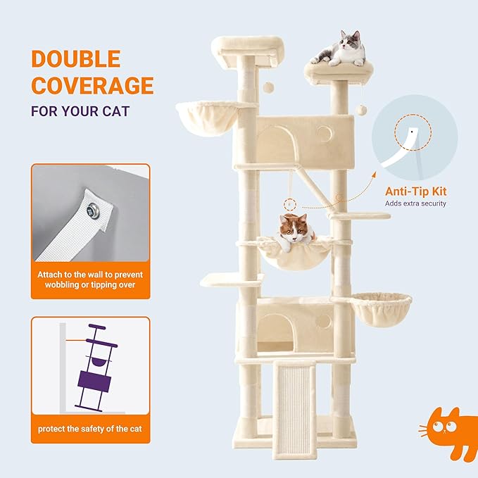 Allewie 81 Inches Tall Cat Tree/Multi-Level Large Climbing Tree House and Towers for Big Feline/Condo and Hammock/Scratching Post/Wide Base/Beige-PawvioPets