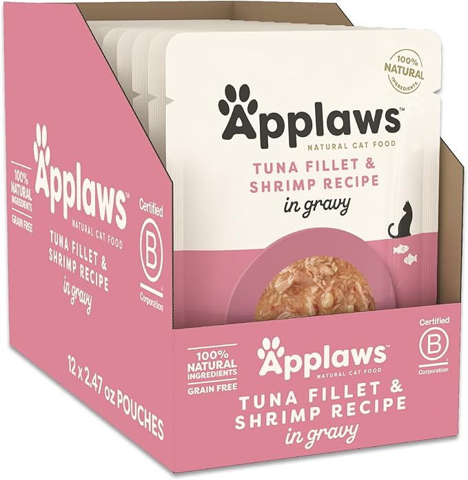 Applaws Natural Wet Cat Food in Gravy, Limited Ingredient Wet Cat Food Pouches, No Additives, Made with Natural Ingredients, Tuna with Shrimp in Gravy (12 x 2.47oz Pouches)-PawvioPets