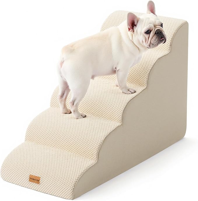 Gardner Pet Dog Stairs for Small Dogs 22.8" H, 5-Step Beige Curved Pet Stairs, Dog Steps for High Bed, Couch (24-30 in) with Durable Non-Slip Waterproof Fabric Cover and CertiPUR-US Certified Foam-PawvioPets