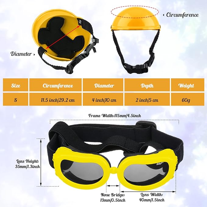 Frienda Dog Helmet and Goggles, UV Protection Doggy Sunglasses and 4 Inch Padded Puppy Motorcycle Helmet Adorable Dog Goggles with Adjustable Belt for Small Dogs Puppy Riding(Yellow,S)-PawvioPets