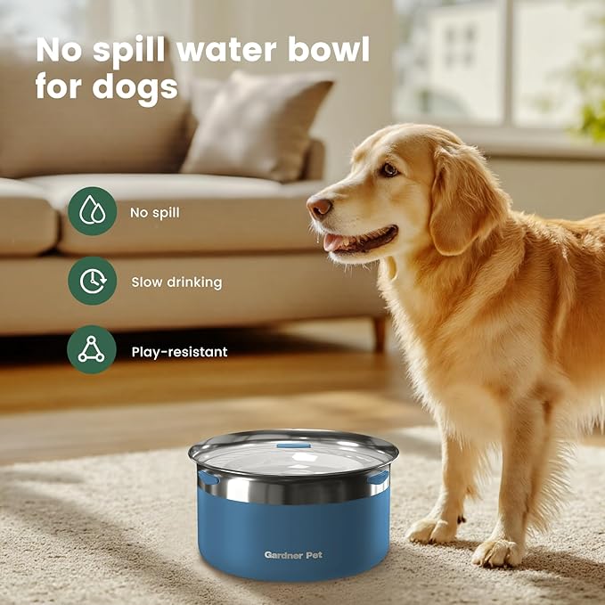Gardner Pet Dog Bowls 1 Gallon (3.85L) Stainless Steel No Spill Dog Water Bowl, Slow Water Feeder Metal Bowls, Spill Proof Water Dispenser for Large Dogs, Promotes Healthy Hydration-PawvioPets