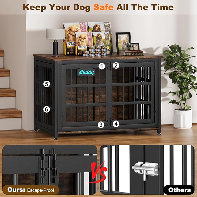 EasyCom 48"/42"/33" Dog Crate Furniture with Name Tag, Heavy Duty Dog Kennel Indoor for Large Dogs, Escape-Proof and Chew-Proof Dog Cage for high Anxiety Dog, Decorate House as TV Stand, End Table-PawvioPets
