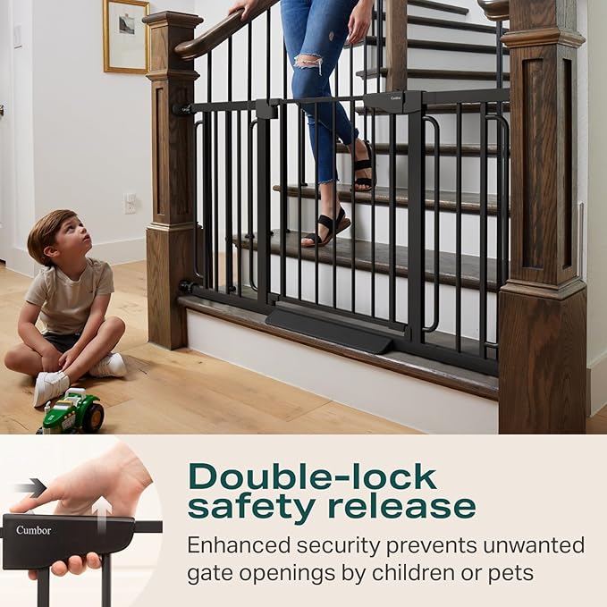 Cumbor 29.7-57" Extra Wide Baby Gate for Stairs, Mom's Choice Awards Winner-Dog Gate for Doorways, Pressure Mounted Walk Through Safety Child Gate for Kids Toddler, Tall Pet Puppy Fence Gate, Black-PawvioPets