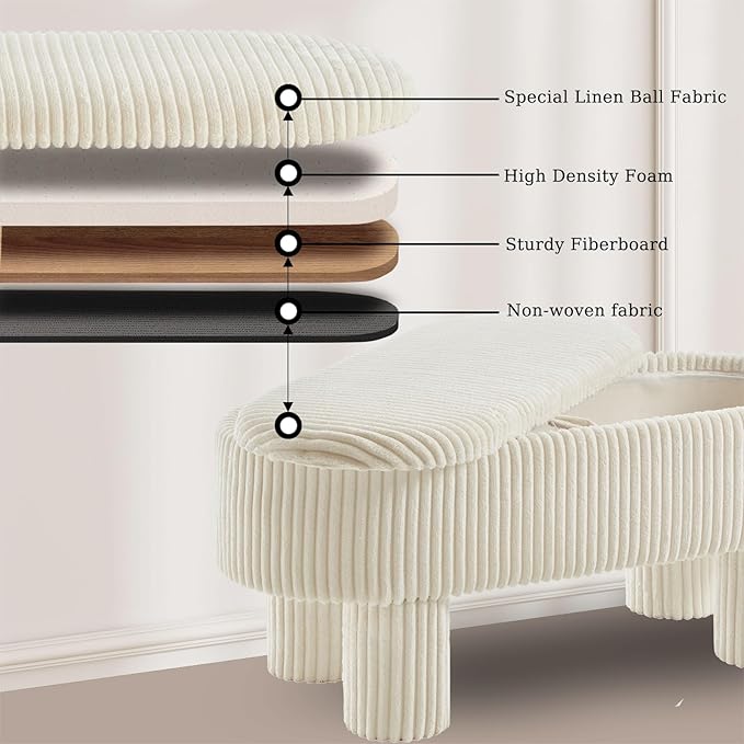 Corduroy Storage Ottoman Bench, 43" Upholstered Oval Footrest with Hidden Storage, Modern Design with Solid Wood Legs for Bedroom, Living Room, and Entryway Furniture, White-PawvioPets