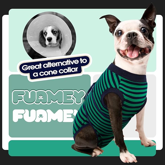 FUAMEY Recovery Suit for Dogs After Surgery,Soft Breathable Dog Bodysuit E-Collar & Cone Alternative Surgical Suit,Male Female Dog Neuter Spay Suits Anti Licking Wounds Onesie Green Black Stripes XS-PawvioPets
