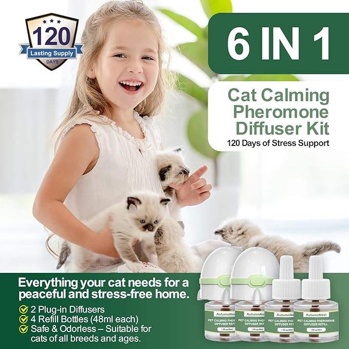 6-in-1 Cat Calming Pheromone Diffuser Kit, Cat Calming Diffuser for Anxiety Relief, Aggression, Scratching, Urine Marking, Fighting, Meowing, Hiding, Safe for All Cats, 120 Days Support-PawvioPets