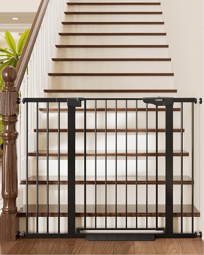 Cumbor 36" Extra Tall Baby Gate for Stairs, 29.7-48" Wide Dog Gates for Doorways, Auto Close Safety Gate for Babies and Pets, Easy Install, Pressure Mounted, Fits Doorways, Stairs, Entryways, Black-PawvioPets