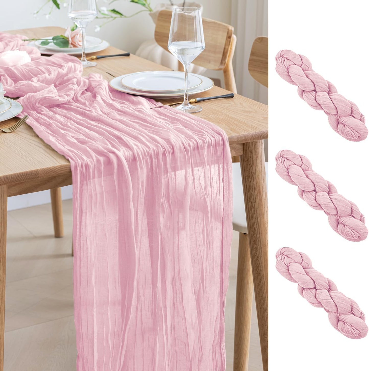 Asee'm 3pcs Cheesecloth Table Runner 120 Inches Blushing Pink Boho Gauze Cheese Cloth Runner 10FT Rustic Sheer Fall Table Runners for Thanksgiving Wedding Baby Shower Holiday Party Decoration