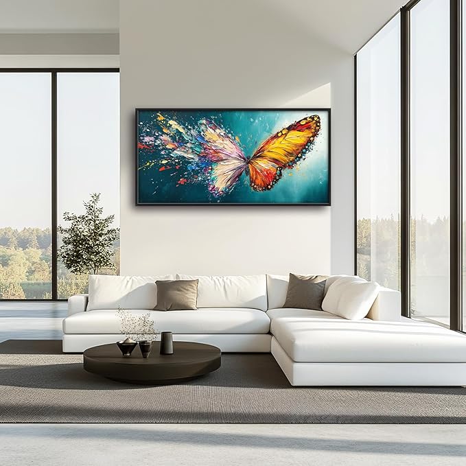 Extra Large Framed Abstract Butterfly Wall Art,Colorful Graffiti Wall Decor,Splashing Wings Pictures for Living Room,Canvas Print Painting Modern Artwork Bedroom Office Bathroom Home Decor 60L x30W-PawvioPets