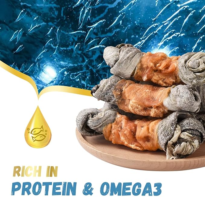 Dog Treats Chicken Wrapped Cod Skin Knotted Bones-6.5", All-Natural Healthy Fish Skin Dog Chew Treats, Rich in Omega-3 Protein, 4 Counts, 10.6 OZ-PawvioPets